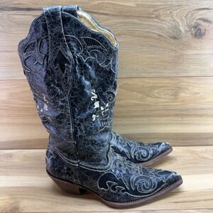 Corral Boots Lizard Inlay Distressed Black Womens 7.5 M Snip Toe Rodeo Ranch